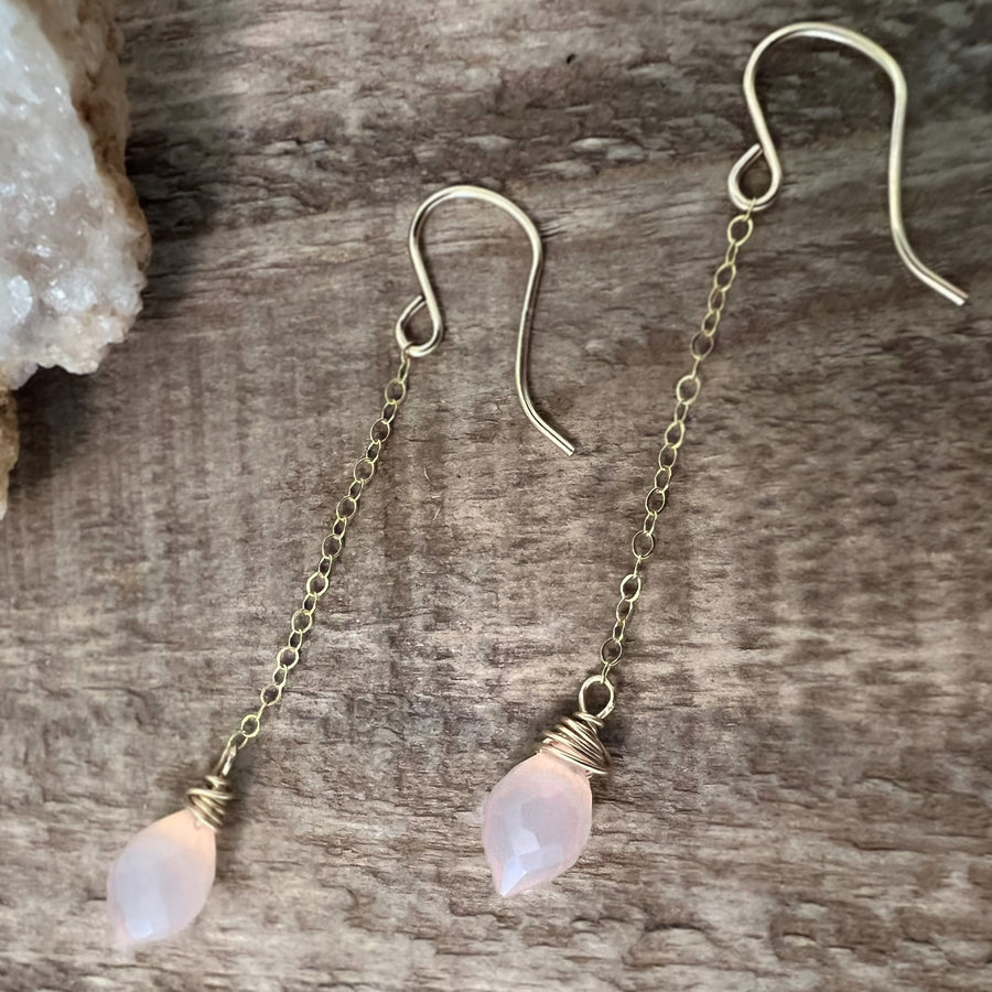 Long Pink Teardrop Chain Earrings in 14k Gold Filled or Sterling Silver, Pink Crystal Point Teardrop, Pale Pink Wedding Jewelry