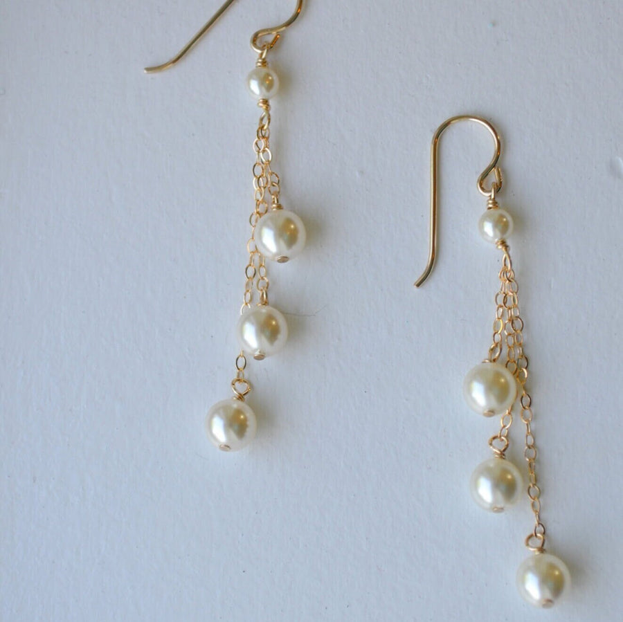 Long Pearl Drop Chain Earring in 14k Gold Filled or Sterling Silver, Three Pearl Dangle, Wedding Pearl Earrings