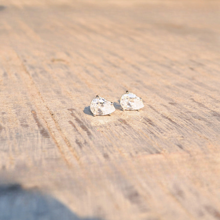 Pear CZ Post Earrings Created Diamond Stud Earrings, Bridal Stud Earrings, Drop CZ Solitaire, Teardrop Diamond Studs, Sterling Silver