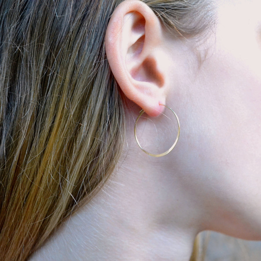 Thin Flat Hoop Earrings in Gold Filled or Sterling Silver, Lightweight Hammered or Smooth Large Hoop, Everyday Hoops Gift