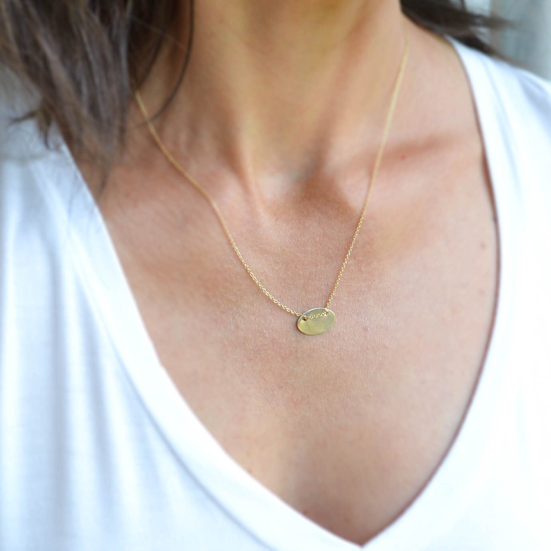 Flat Oval Circle Pendant Necklace in Gold Filled or Sterling Silver, Egg Charm Pendant, Gift Necklace for Her, Valentines Day
