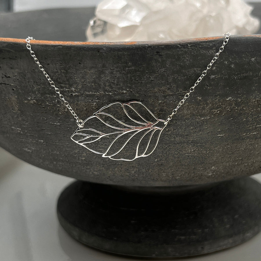 Off Center, Horizontal Sterling Silver Leaf Necklace