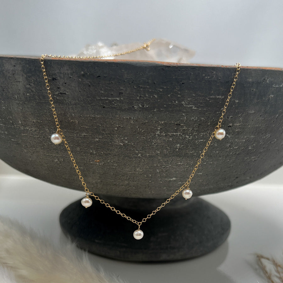 High Luster Pearl Necklace in Gold Filled or Sterling Silver, Freshwater Pearl Necklace, Thin Pearl Charm Necklace 3 or 5 pearls