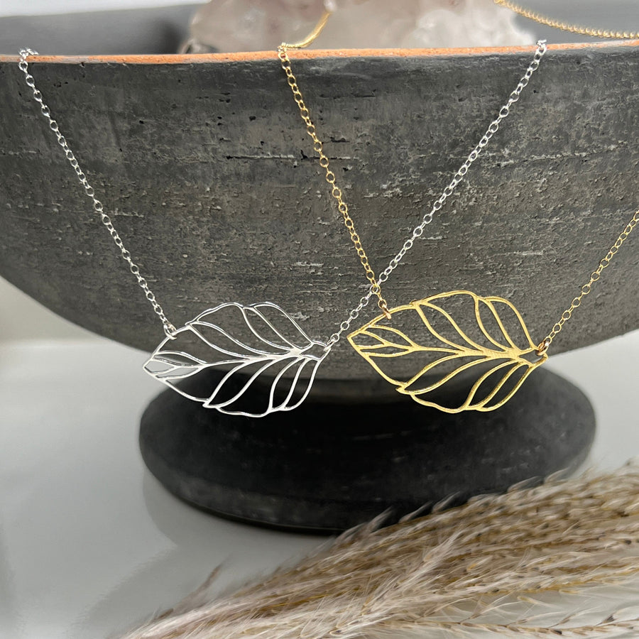 Sideways Gold Filled Leaf Pendant Necklace