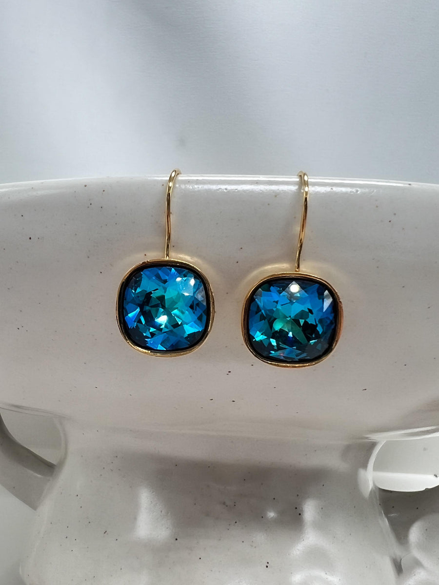 Something Blue Crystal Drop Earrings, Cushion Cut Sapphire Topaz Aqua Turquoise, Square Crystal Earring, Rhinestone Bridesmaid Earrings Gift