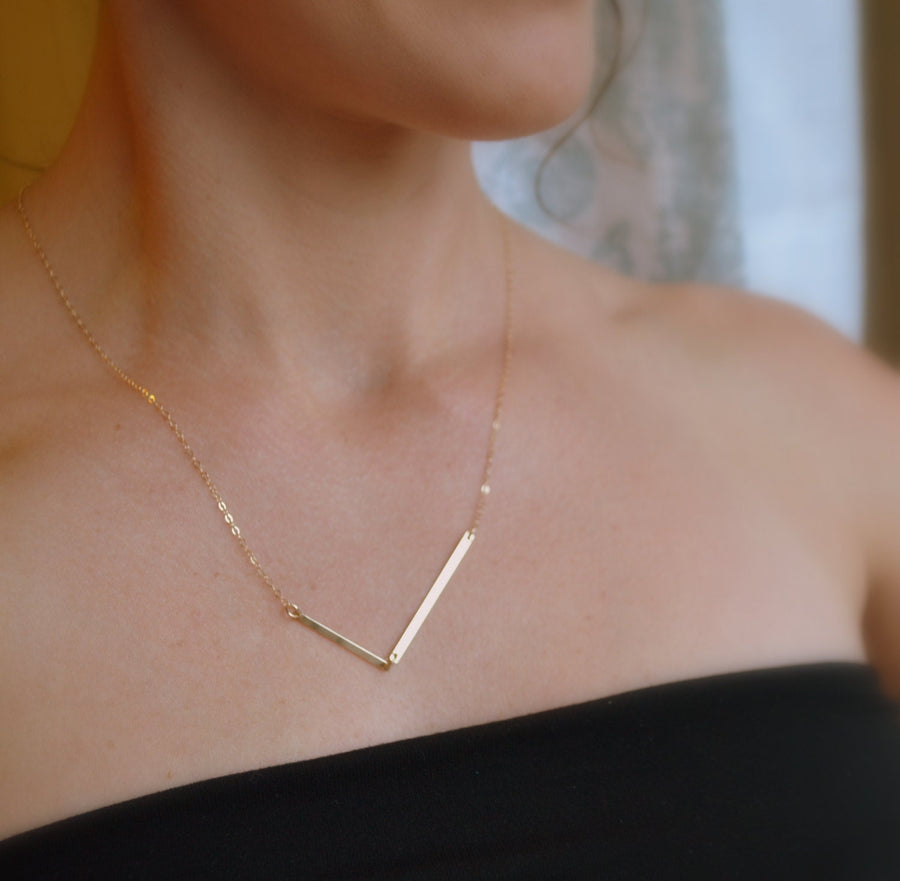 Double Bar, 14K Gold V Necklace, Gold Arrow Necklace, Asymmetrical, Gold Chevron Necklace - Modern Geometric Jewelry