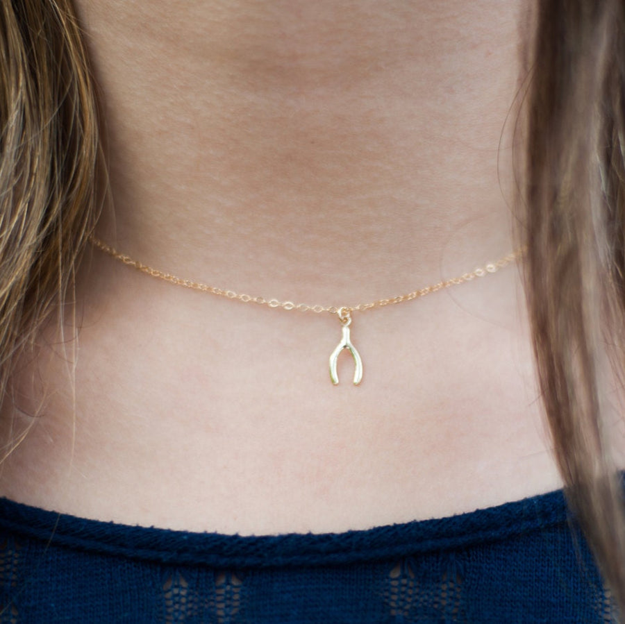 Tiny 14K Gold Wishbone Necklace, Good Luck Charm, Lucky Make a Wish Bone Pendant, Dainty Necklace, Gold Filled, Everyday Layering Choker