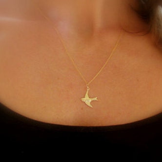 14K Gold, Tiny Gold Sparrow Necklace, Gold Bird Necklace, Little Dove Necklace, Flying Bird Necklace, Solitary Bird, Freedom, Swallow