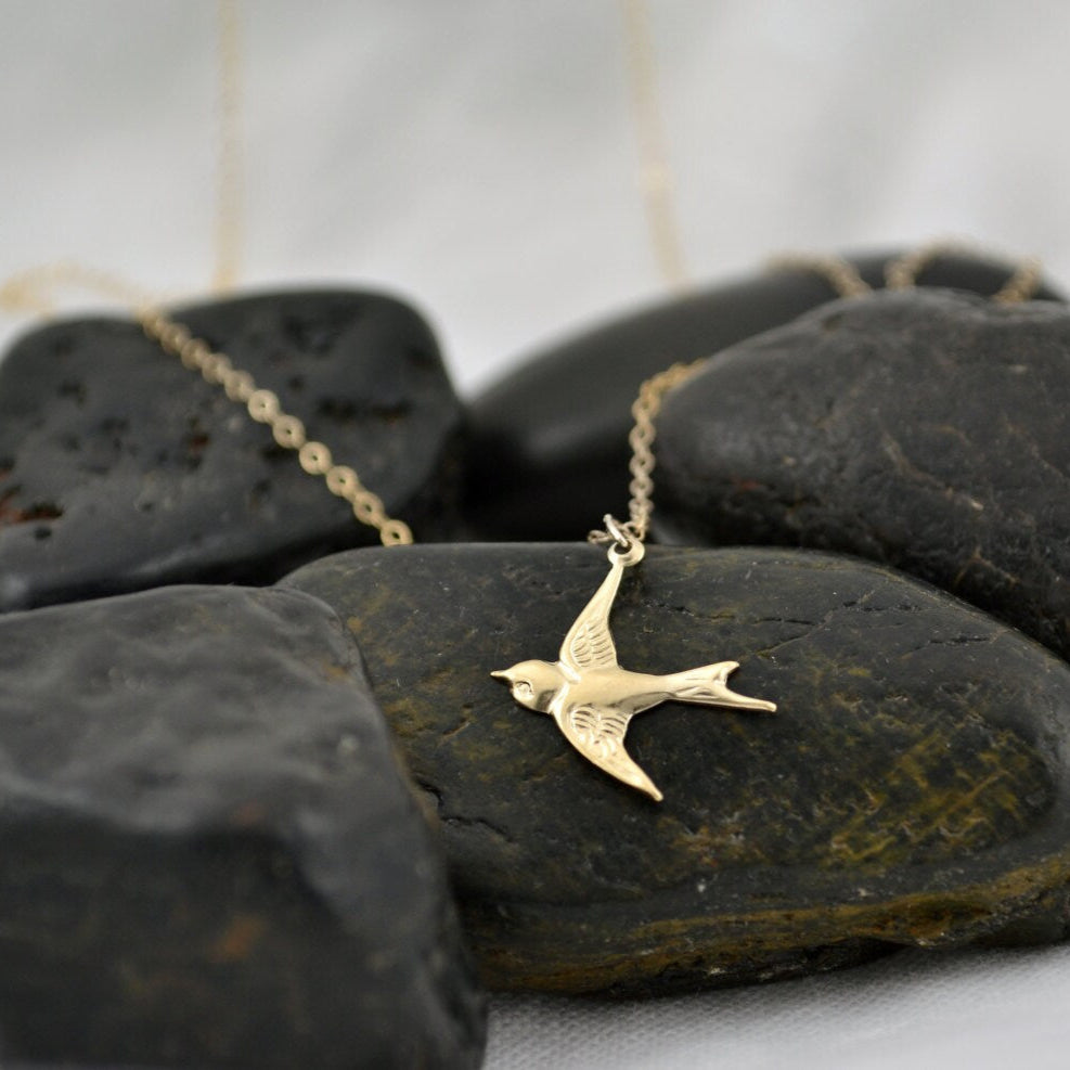 14K Gold, Tiny Gold Sparrow Necklace, Gold Bird Necklace, Little Dove Necklace, Flying Bird Necklace, Solitary Bird, Freedom, Swallow