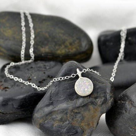 Iridescent White Druzy Pendant Necklace - GF or Sterling Silver - Sela+Sage - Pendant/Charm Necklace