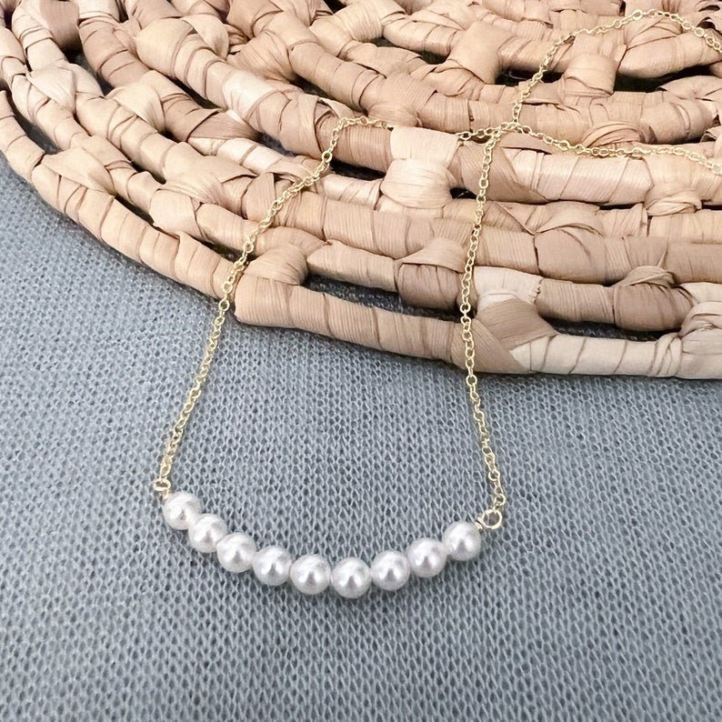 Pearl Bar Necklace, Curved - GF or Sterling Silver - Sela+Sage - Link & Chain Necklace