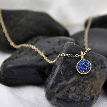 Small Blue Druzy Pendant Necklace - GF or Sterling Silver - Sela+Sage - Pendant/Charm Necklace