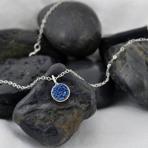 Small Blue Druzy Pendant Necklace - GF or Sterling Silver - Sela+Sage - Pendant/Charm Necklace