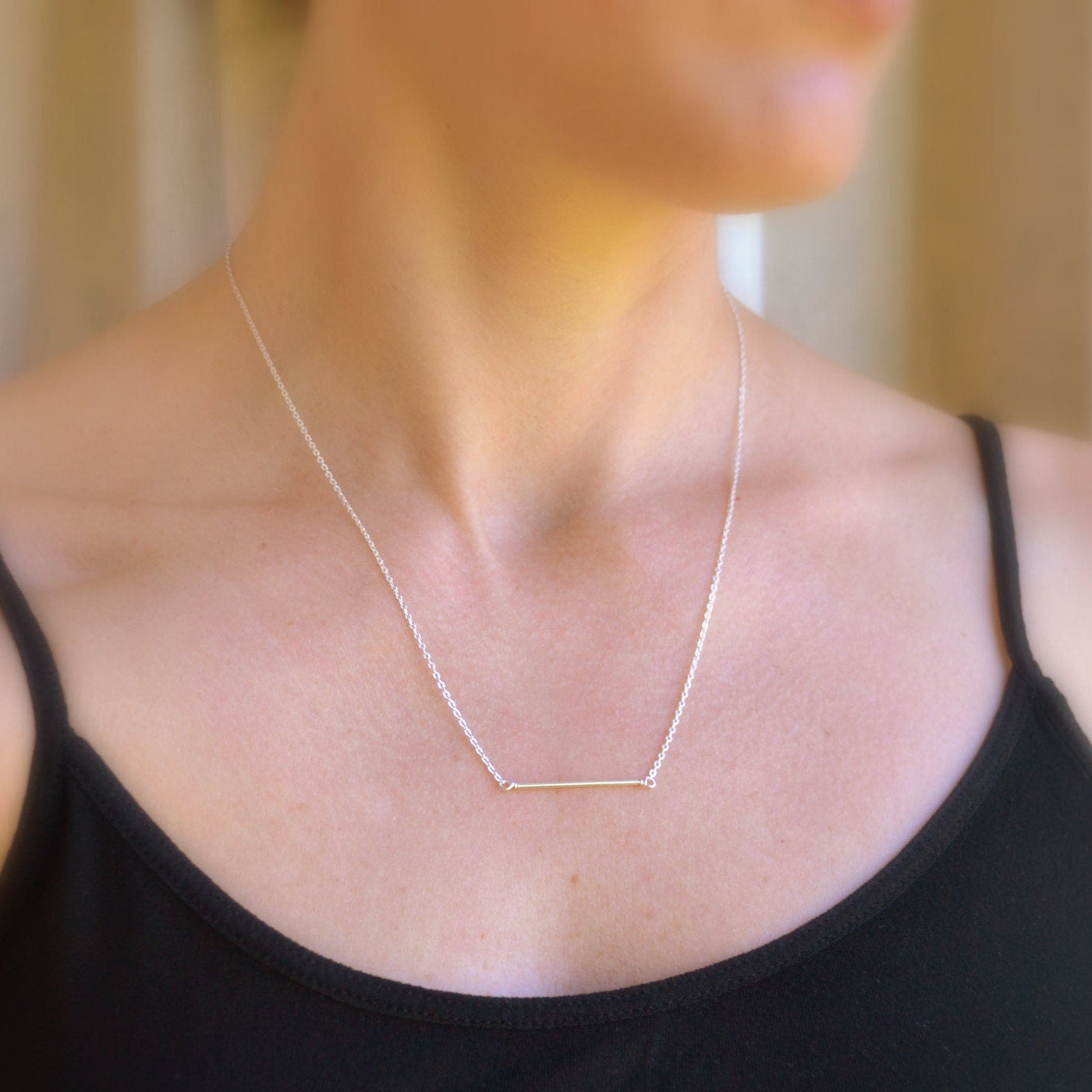 Dainty sterling silver flat bar necklace worn layered, elegant minimalist style handcrafted in Lake Oswego Oregon.