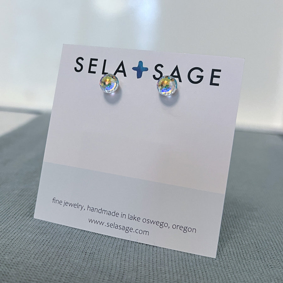 Sela + Sage Swarovski AB faceted crystal earrings inside a signature gift box with a silvery ribbon, handcrafted in Lake Oswego, Oregon.