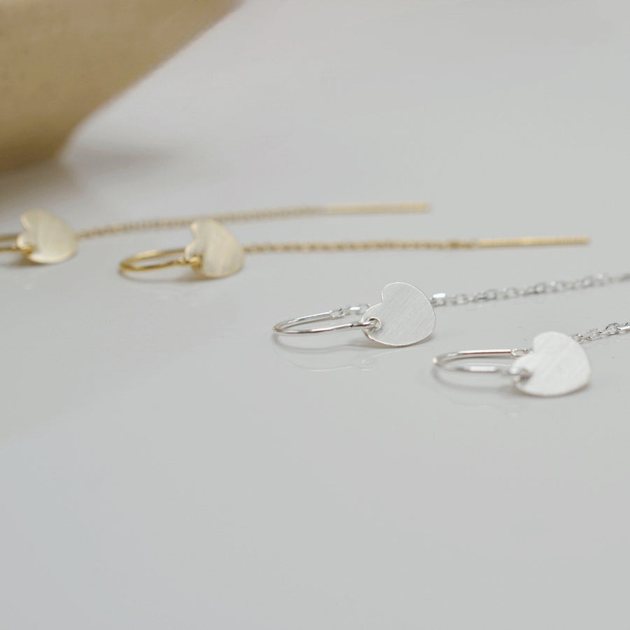 Tiny Heart Threader Earrings, Matte - GF or Sterling Silver - Sela+Sage - Pendant/Charm Necklace