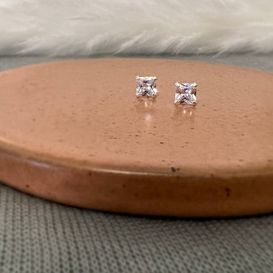 Tiny Princess Cut CZ / Lab Diamond Studs - Sterling Silver - Sela+Sage - Stud/Post Earrings
