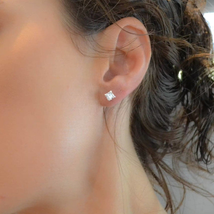 Tiny Princess Cut CZ / Lab Diamond Studs - Sterling Silver - Sela+Sage - Stud/Post Earrings